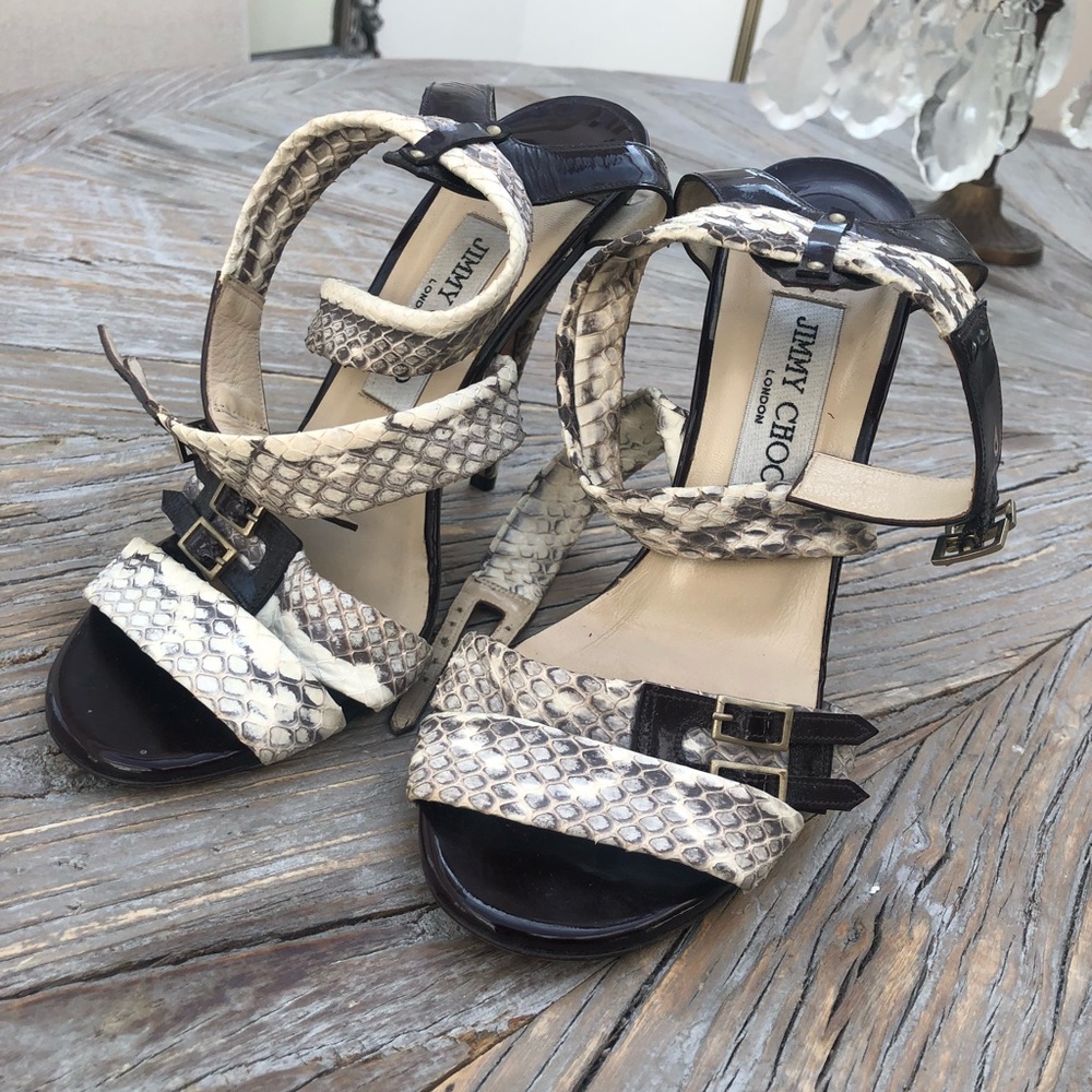 Jimmy Choo python and dark brown patent 4inch heel